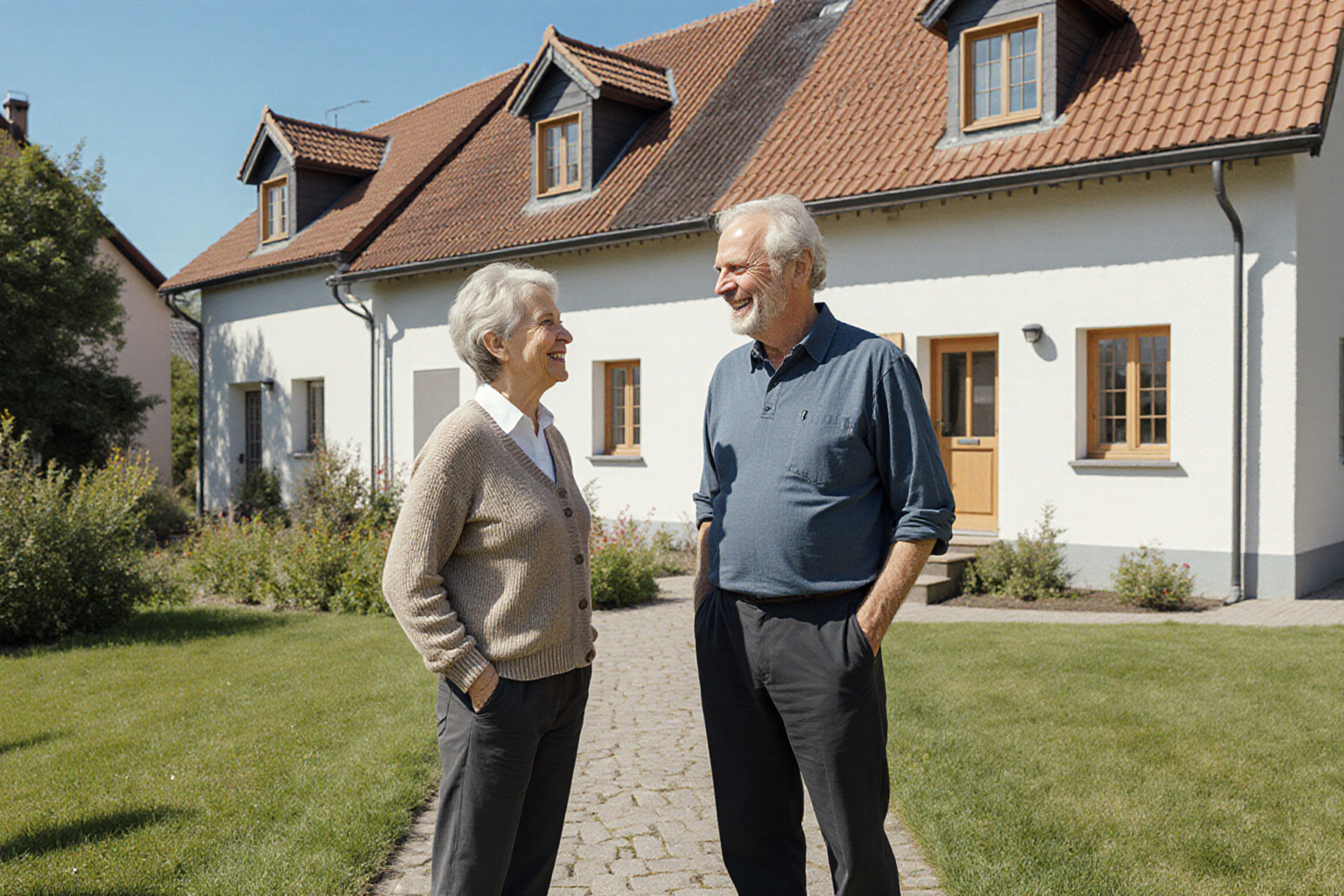 Gespräch vor zusammenhängenden Reihenhäusern