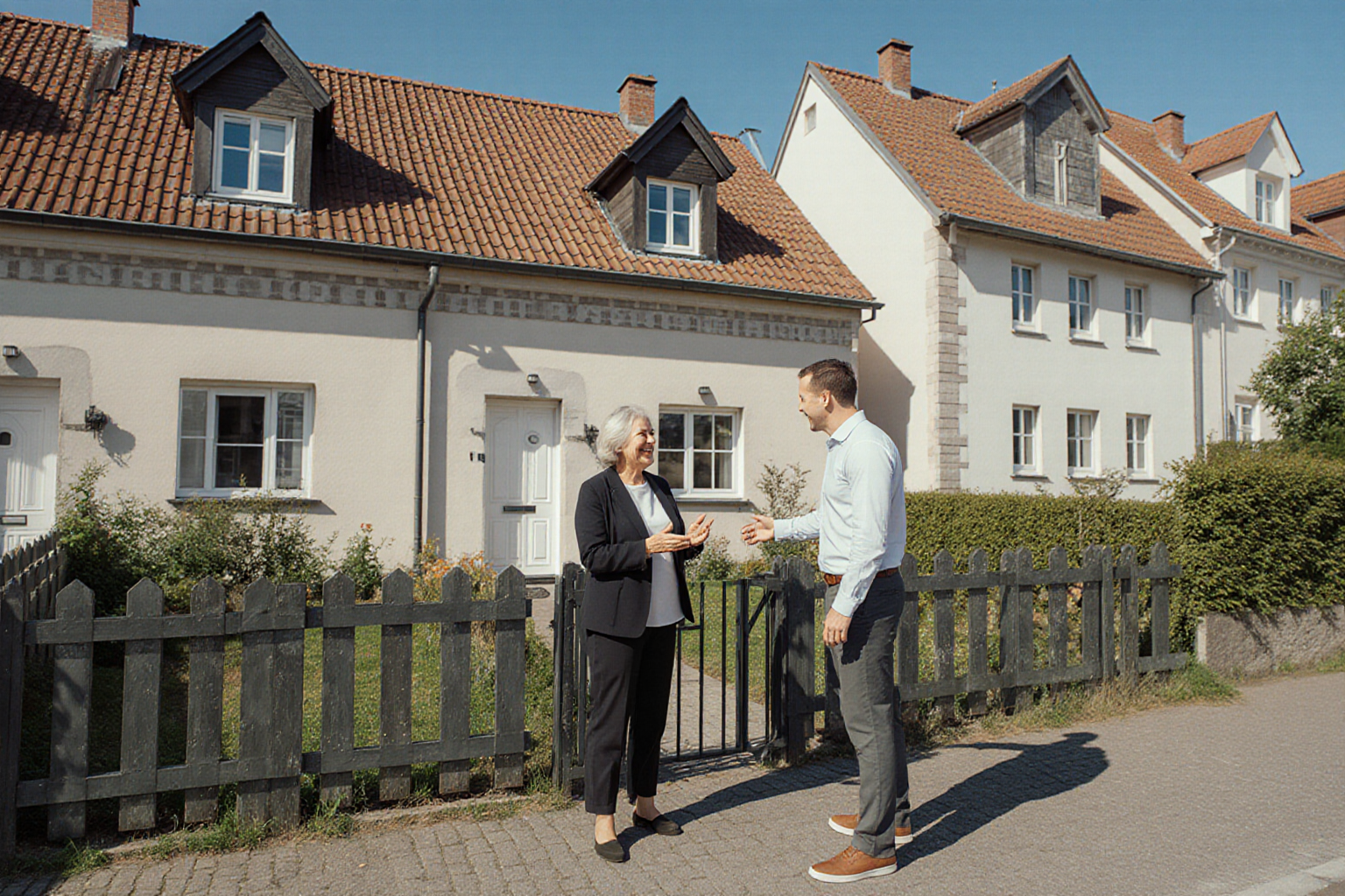 Reihenhäuser mit getrennten Eingängen, Vorgärten und kompaktem Grund